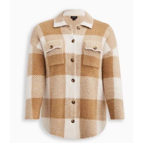 Torrid Eyelash Sweater Womens 2X Plus Plaid Shacket Tan Cream Jacket Soft - Picture 9 of 11